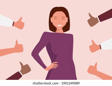 Cheerful young woman is surrounded by hands with thumbs up. The concept of public approval, audience recognition, positive opinion, recognition.