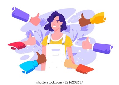 	
Cheerful young woman surrounded by hands with thumbs up. Concept of public approval, acknowledgment by audience, positive opinion, recognition. Colored vector illustration in flat cartoon style