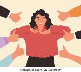 Cheerful young woman surrounded by hands with thumbs up. Concept of public approval, acknowledgment by audience, positive opinion, recognition. Colored vector illustration in flat cartoon style