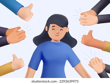 Cheerful young woman surrounded by hands with thumbs up and clapping. 3D character people. Concept of public approval, acknowledgment by audience, positive opinion, recognition. Colored vector 3D