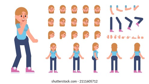 Cheerful young woman, teenager creation kit. Create your own action, pose, animation. Modern vector illustration