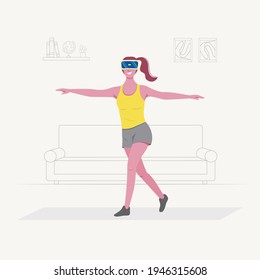 Cheerful young woman use Virtual Reality Technology for sports at home. Flat character vector illustration.