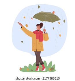 Cheerful Young Woman Walk, City Dweller Holding Umbrella Stand under Rain and Falling Colorful Leaves at Autumn Rainy Season Weather, Storm, Meteorology Forecast. Cartoon People Vector Illustration