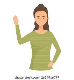 Cheerful young woman is waving her hand in greeting
