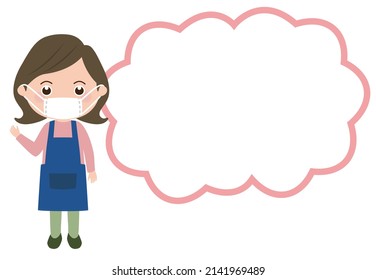 A cheerful young woman wearing a mask, with a speech bubble