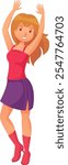 Cheerful young woman wearing a red top, purple skirt and red boots, dancing with her arms raised, enjoying music and expressing positive emotions