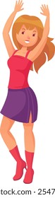 Cheerful young woman wearing a red top, purple skirt and red boots, dancing with her arms raised, enjoying music and expressing positive emotions