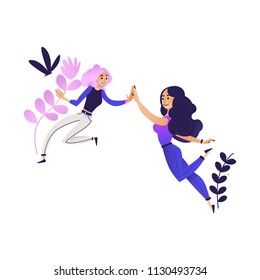 Cheerful young women giving high five smiling on abstract floral background. Cute female characters having fun expressing symbol of friendship cooperation teamwork. Vector cartoon illustration