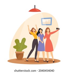 Cheerful Young Women Making Selfie on Mobile Phone Posing and Gesturing on Camera. Girlfriends Happy Meeting and Relaxing Spare Time. Friends Characters Recreation. Cartoon People Vector Illustration