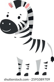 A cheerful zebra with a rounded body and smiling face stands playfully, showcasing its distinctive black and white stripes.