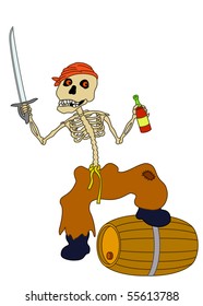 Cheerful zombie-pirate with red eyes, with a sabre in one hand and a wine bottle in another standing, having put a foot on a tun