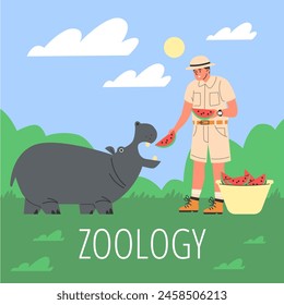 A cheerful zookeeper feeds a hippopotamus under a sunny sky, with ZOOLOGY text. Vector illustration for educational material.