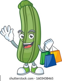 Cheerful zucchini mascot waving and holding Shopping bags