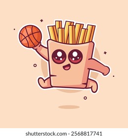 cheerfull french fries food character mascot playing basketball isolated cartoon in flat style design	