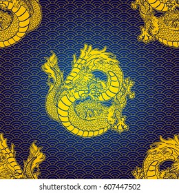 Cheerfull Water Asian chinese dragon and scales. Gold contour on blue background. Seamless pattern. Vector illustration.