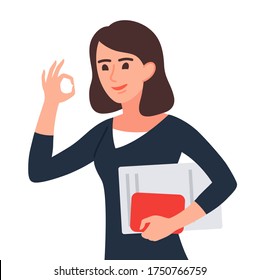 Cheerfull Woman Showing That Everything Will Be Fine. Business Woman Holding Papers And Gesturing Ok Sign. Flat Vector Illustration In Cartoon Style.