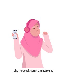 Cheerfull Young Hijab Girl Listening Music Portrait Cartoon