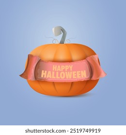 A cheerfullooking pumpkin adorned with a festive happy Halloween ribbon wrapped lovingly around its vibrant orange surface