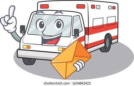 Cheerfully ambulance mascot design with the envelope