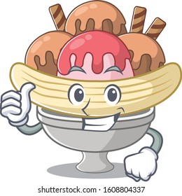 Cheerfully banana split making Thumbs up gesture