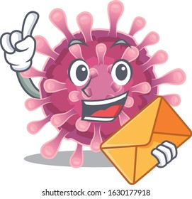 Cheerfully corona virus mascot design with envelope