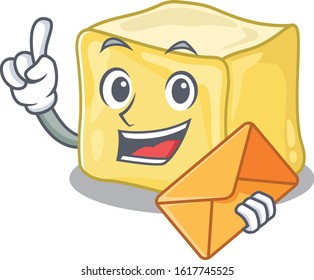 Cheerfully creamy butter mascot design with envelope