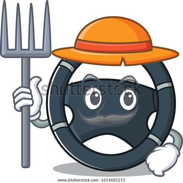 Cheerfully Farmer car steering cartoon picture with\
hat and tools