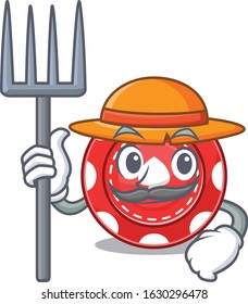 Cheerfully Farmer gambling chips cartoon picture with hat and tools