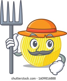 Cheerfully Farmer potato chips cartoon picture with hat and tools