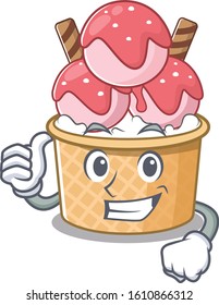 Cheerfully ice cream sundae making Thumbs up gesture