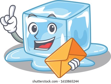 Cheerfully ice cube mascot design with envelope