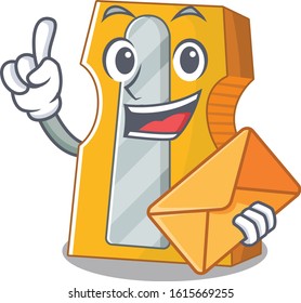 Cheerfully pencil sharpener mascot design with envelope