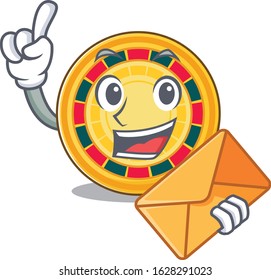 Cheerfully roulette mascot in design with envelope