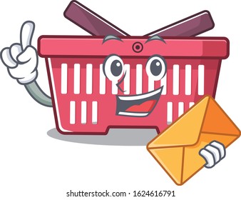 Cheerfully shopping basket mascot design with envelope