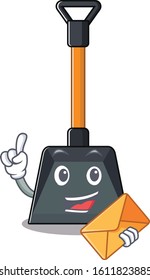 Cheerfully snow shovel mascot design with envelope