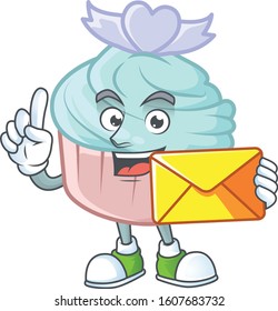 Cheerfully vanilla blue love cupcake mascot design with envelope