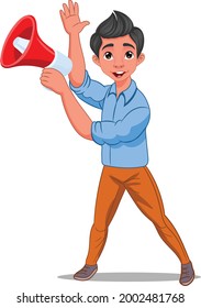 Animando a un chico con un megáfono en sus manos, dibujo vectorial e ilustración
