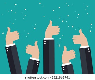 Cheering business people holding many thumbs thumbs up. Vector illustration