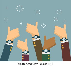 Cheering business people holding many thumbs thumbs up