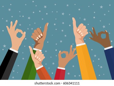 Cheering business people holding many thumbs. Like this. Flat design multicultural group thumbs up. Super. OK