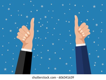 Cheering business people holding many thumbs. Like this. Flat design multicultural group thumbs up. EPS 10 vector.