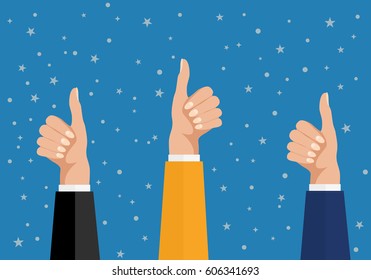 Cheering business people holding many thumbs. Like this. Close-up of women hands with thumb up in front of the blueboard