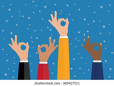 Cheering business people holding many OK. Like this. Flat design multicultural group super. EPS 10 vector.