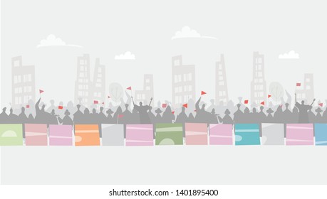 Cheering crowd in the big city. Background for your text of advertisement 