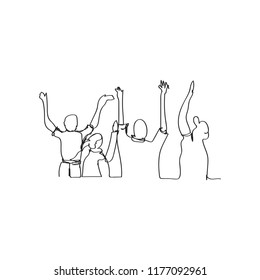 cheering crowd in continuous line drawing style, thin linear vector illustration