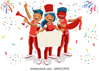 Cheering crowd of football fans isolated. Soccer fans at stadium, crowd of celebrating people. Clipart or sticker for goal post, web banner, infographics, hero images. Flat vector illustration.