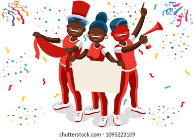 Cheering crowd of football fans isolated. Soccer fans at stadium, crowd of celebrating people. Clipart or sticker for goal post, web banner, infographics, hero images. Flat vector illustration.