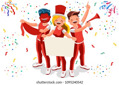 Cheering crowd of football fans isolated. Soccer fans at stadium, crowd of celebrating people. Clipart or sticker for goal post, web banner, infographics, hero images. Flat vector illustration.