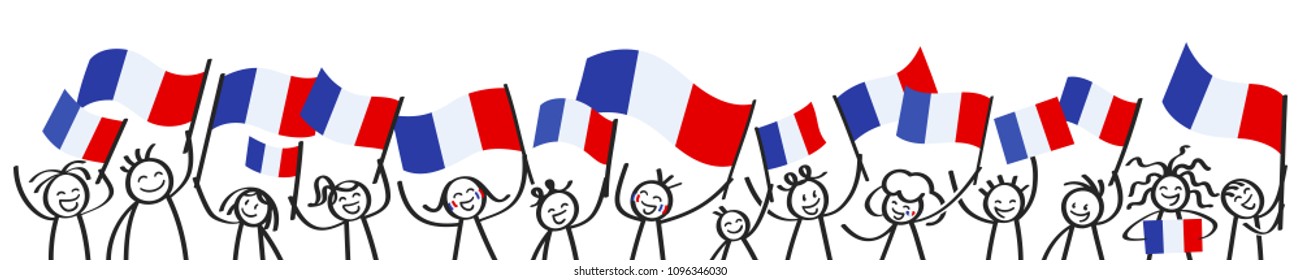 Cheering crowd of happy stick figures with French national flags, France supporters smiling and waving tricolor flags isolated on white background