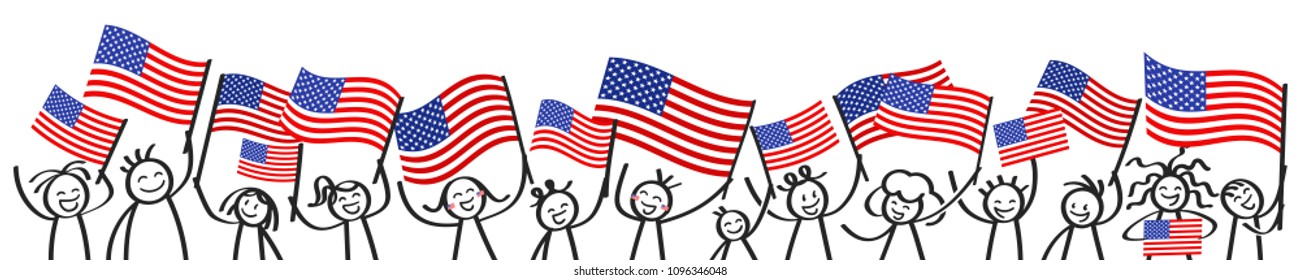 Cheering crowd of happy stick figures with American national flags, USA supporters smiling and waving star-spangled banner isolated on white background